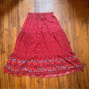 Red Floral Maxi Skirt with Tie Waist